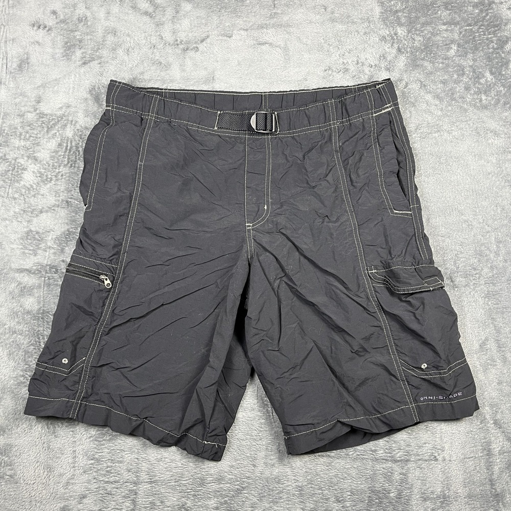 Columbia Cargo Short Mens Small Black Logo Omni Shade Belted Mesh Lined Outdoor